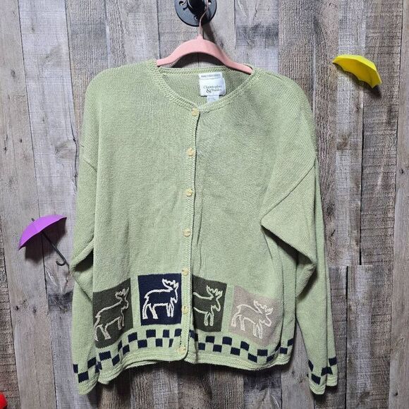 Christopher & Banks Vintage Green Hand Embroidered Moose Knit Cardigan Sweater - Picture 1 of 4